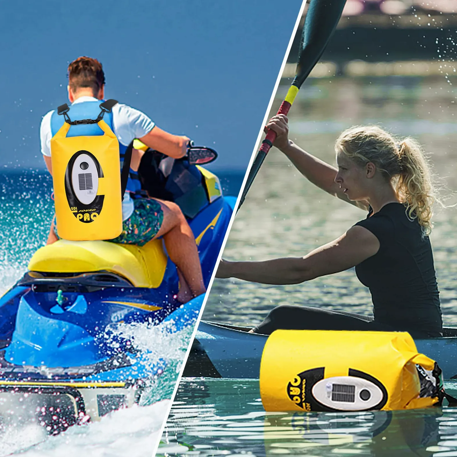 Qoolife Bolsa impermeable con altavoz solar Bluetooth y luz, saco seco enrollable de 20 L que mantiene el equipo seco para hombres y mujeres, kayak, playa, rafting, canotaje, senderismo, camping y