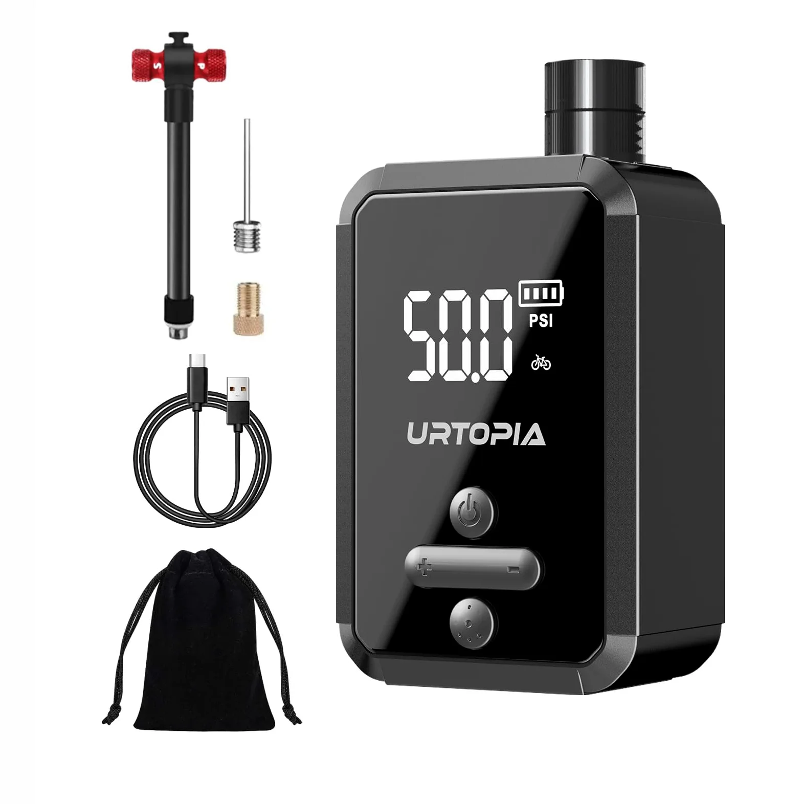 URTOPIA Bomba eléctrica para bicicleta, bomba de aire de inflado rápido con manómetro, hasta 150 PSI, disipación eficiente del calor, recargable, con luz LED brillante, bomba de bicicleta portátil