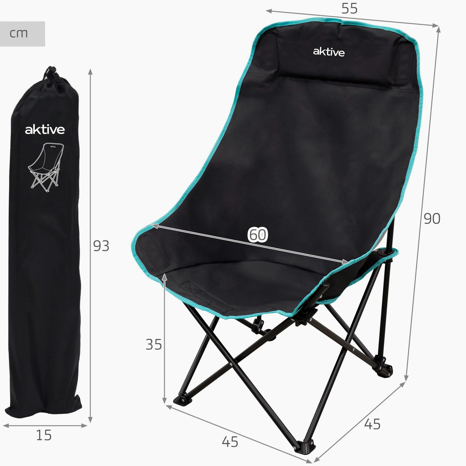 AKTIVE Pack 2 sillas Camping, 55x45x90 cm, Asiento Alto 35 cm, Negro Detalles Turquesa, Respaldo Alto, Antivuelco, Bolsas de Transporte con asa, Bolsillos Laterales (85562)
