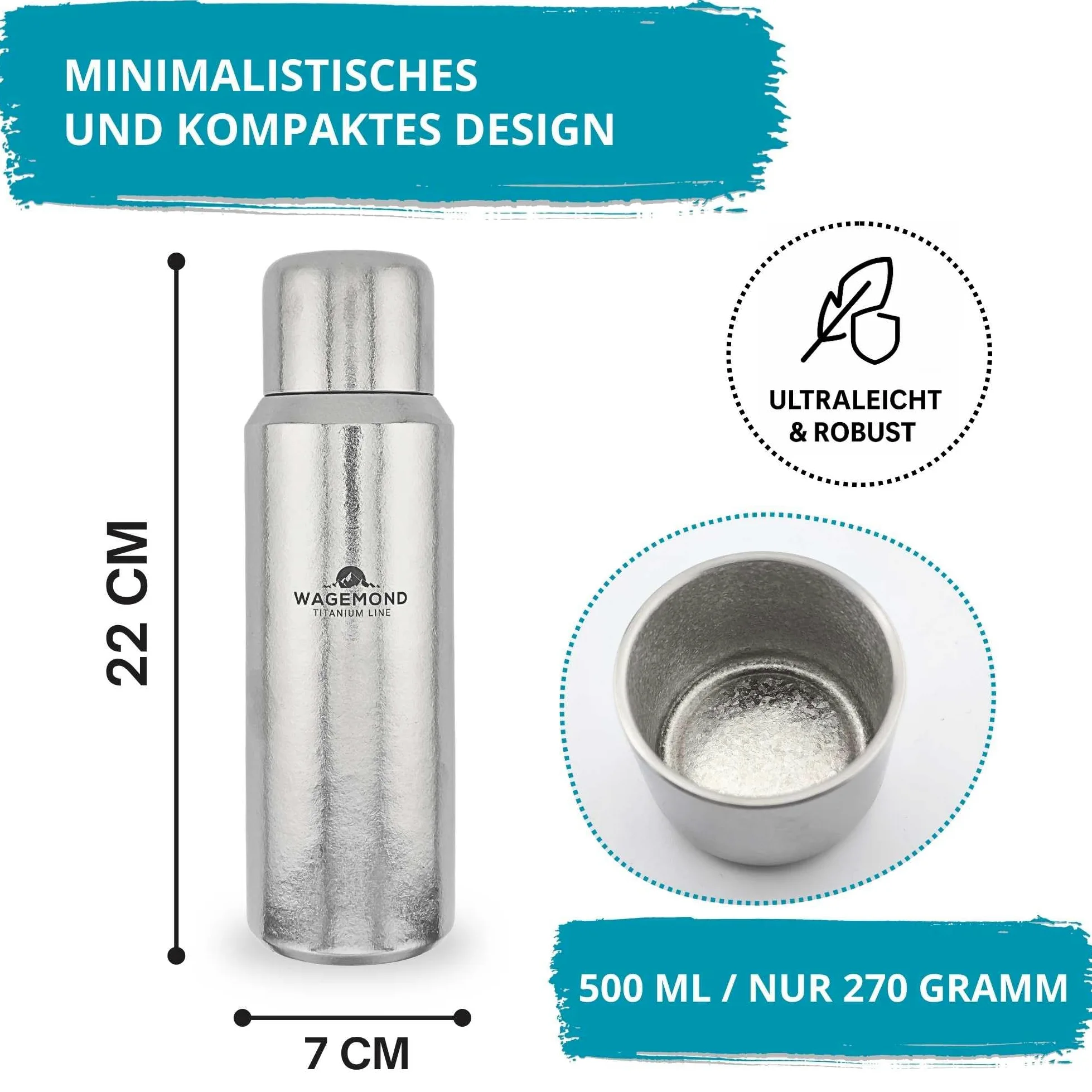 Termo de titanio de 500 ml, ultraligero y de doble pared, 100% titanio, sin BPA, con taza magnética, colador de té, funda protectora y cepillo de limpieza, para exteriores, camping, oficina