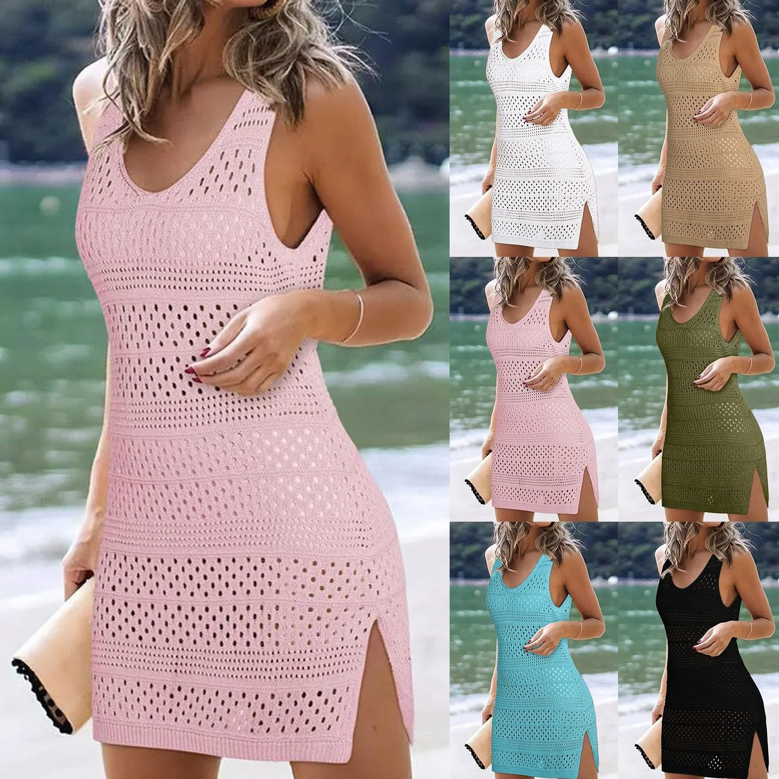 Generisch Vestido de ganchillo para mujer, vestido de playa, bikini, hueco, sin mangas, estilo bohemio, minivestido