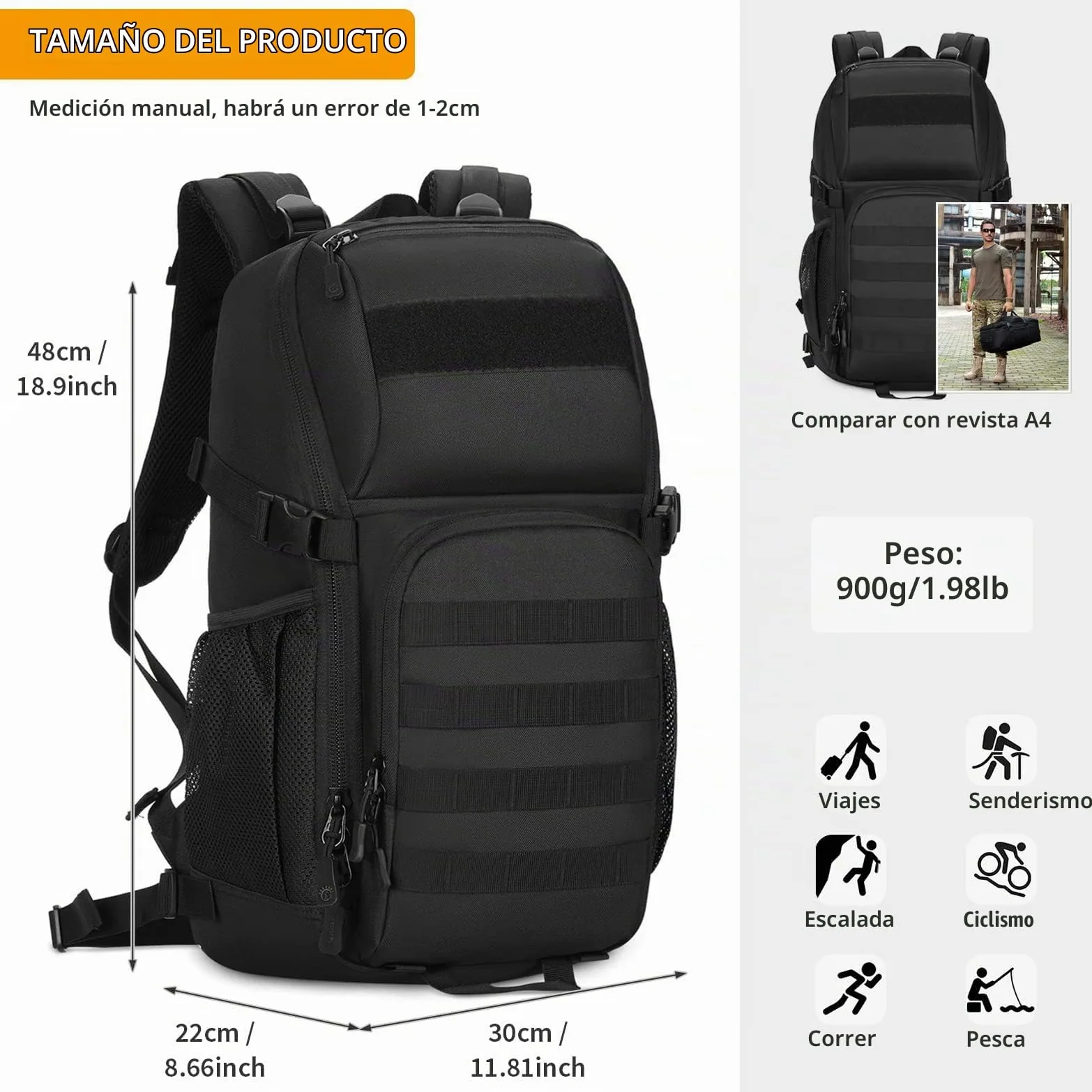 VINBAGGE Mochilas Camping,Mochila Senderismo Mochilas de Viaje Mochila Deporte Mochilas Tacticas Actividades al Aire Libre Acampar/Senderismo/Caza/Montañismo/Montar Bicicleta/30L-Negro