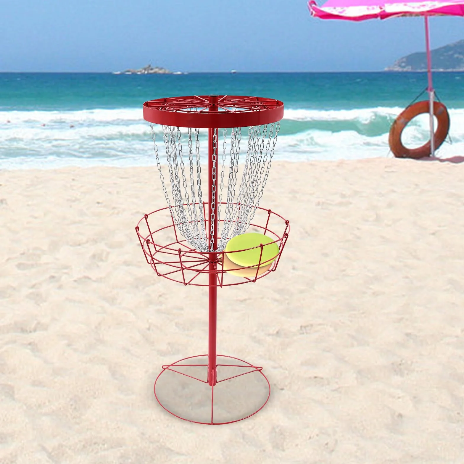 Disc Golf - Cesta de golf independiente con 24 cadenas, disco portátil, objetivo para ejercicio al aire libre, 64,5 cm de diámetro, con 4 clavos de suelo, adecuado para principiantes y