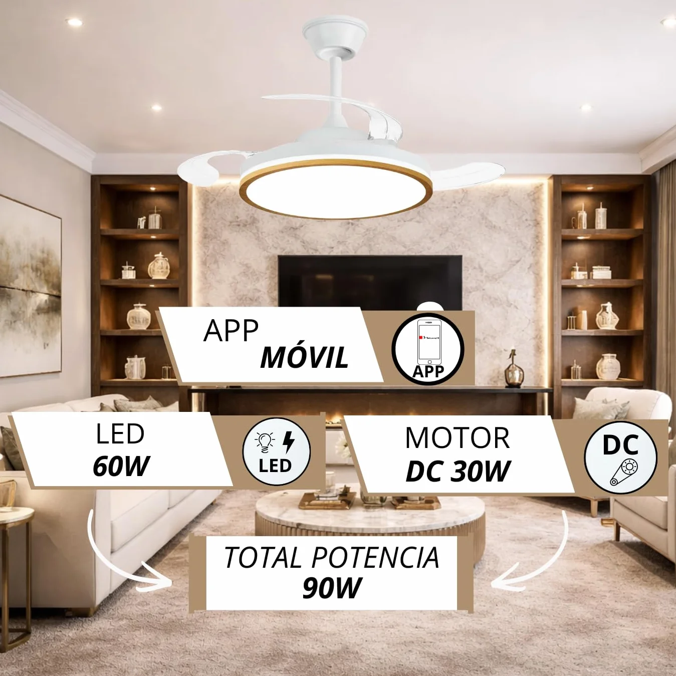 NARVI MORAIRA Ventilador de Techo Madera Roble con Luz LED Regulable, Motor DC Silencioso, 3 Aspas Retráctiles, Función Invierno Verano