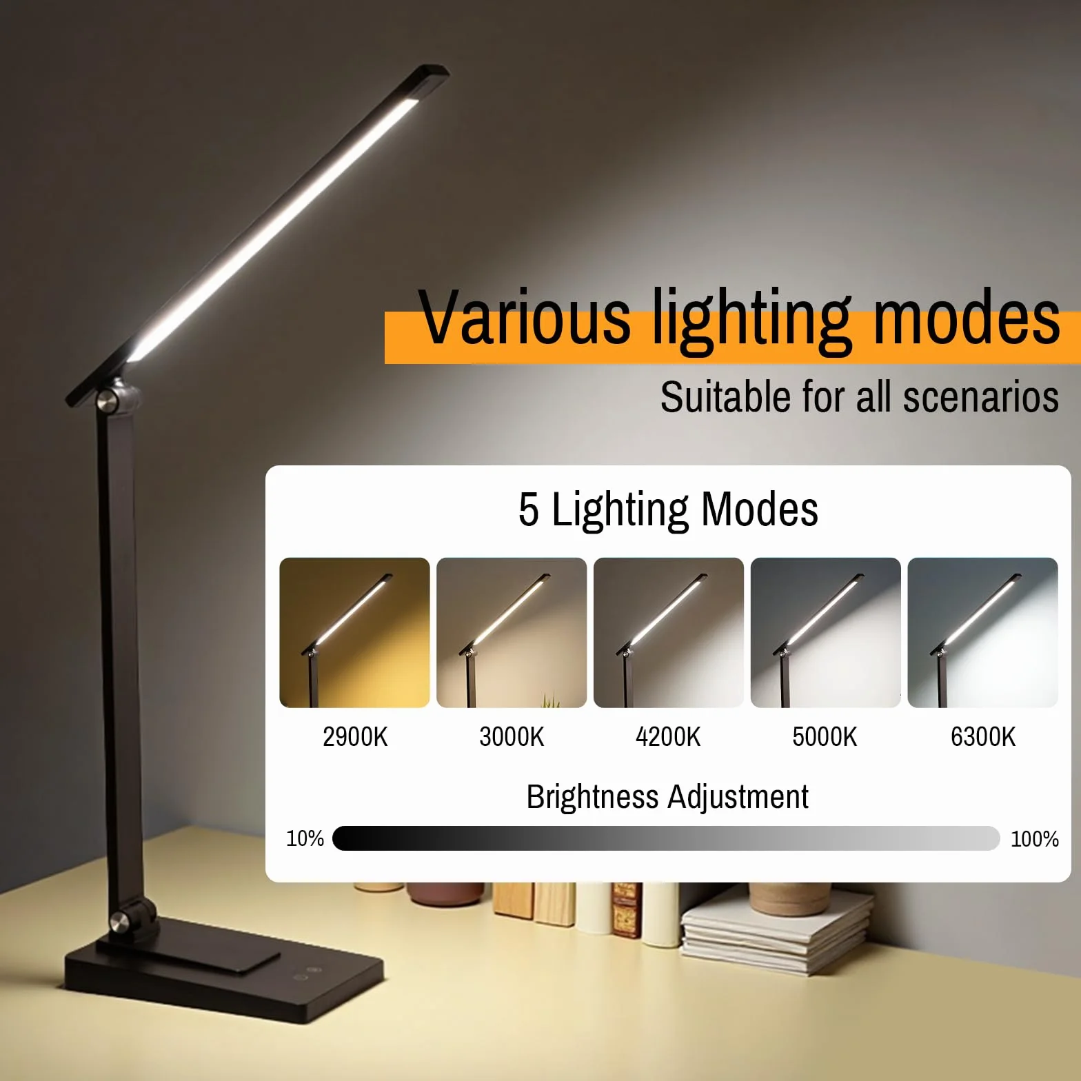 Lámpara Escritorio LED, 800LM 2600mAh Flexo LED Escritorio sin Cable, 5 Modos, 5 Niveles de Brillo Lámpara de Mesa Aluminio & Plegable con Puerto USB para Cama, Estudiar