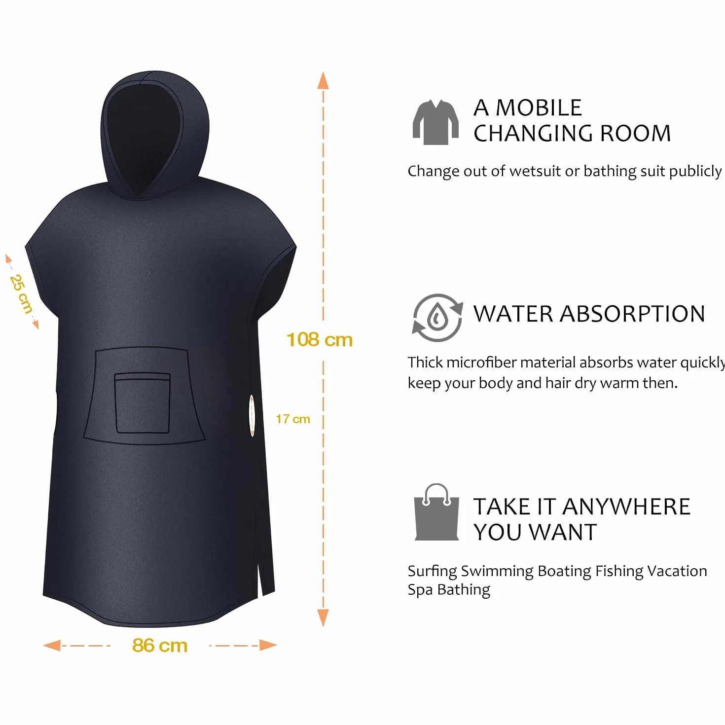 Kato Tirrinia Beach Surf Poncho con bolsillo Absorbente de agua Traje de neopreno Cambiador Sudadera con capucha Toalla Poncho Albornoz para surf Natación Baño Adulto Hombres Mujeres A prueba de arena