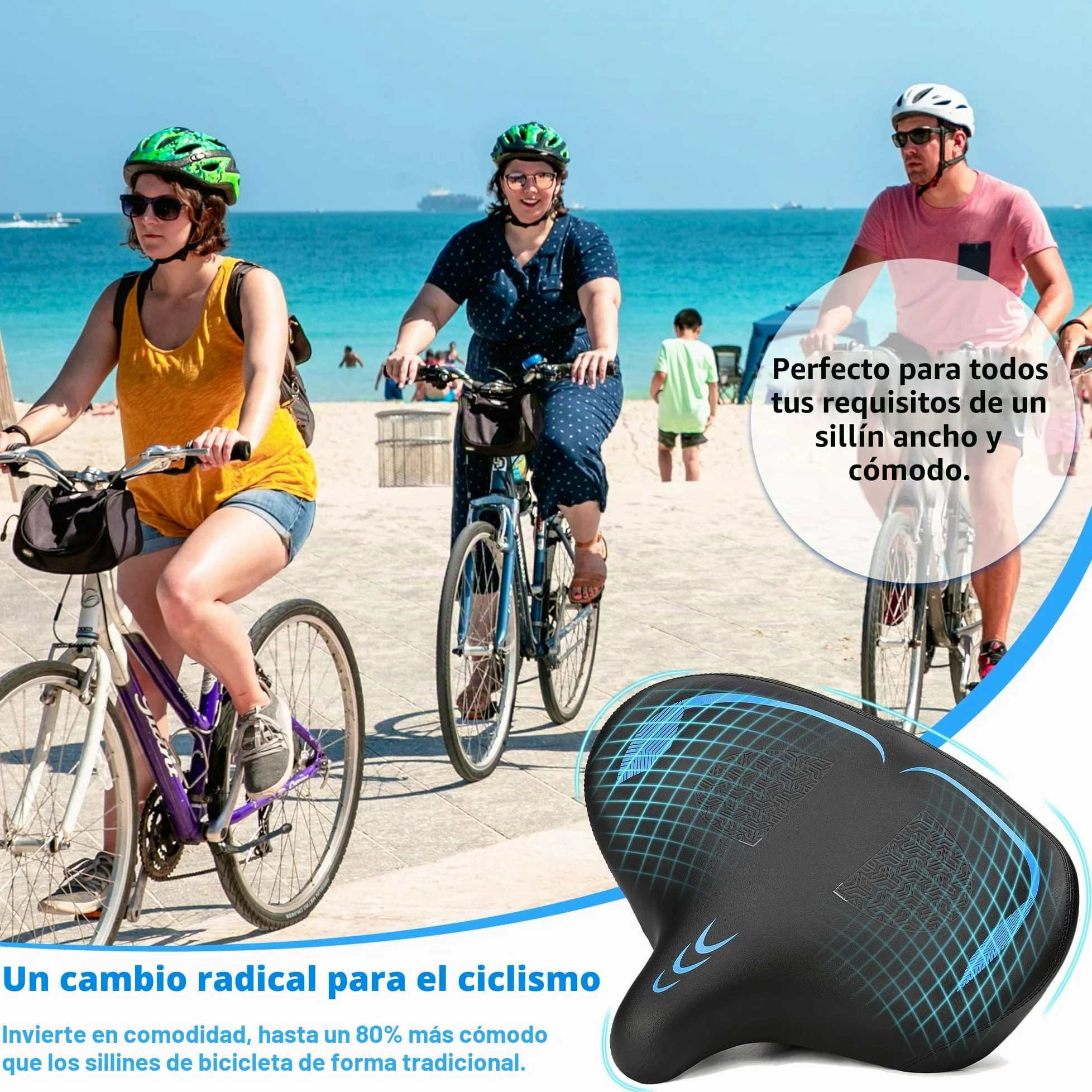 CDYWD Sillín de bicicleta de gran tamaño para hombre y mujer, cómodo, extra ancho, acolchado de espuma suave, bicicleta estática, sillín de turismo