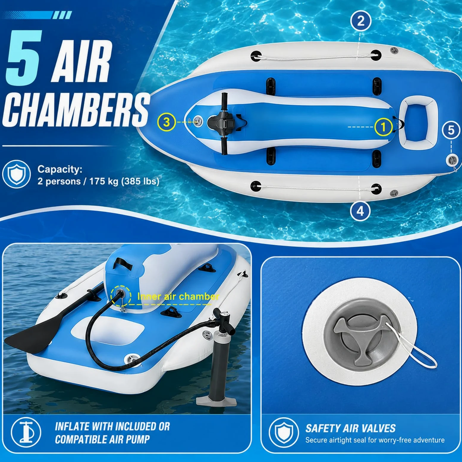Barca Hinchable Portátil 3 en 1 para Familias | Modos remo, buceo y paseo, 5 cámaras de aire separadas, fácil transporte, para adultos, jóvenes y familias