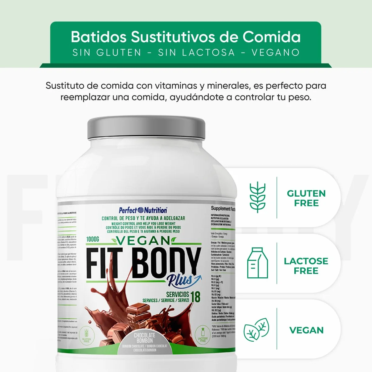 Batido Sustitutivo Vegano Sin Gluten Sin Lactosa Alto en Proteínas Vegetales Bajo en Calorías Sabor Chocolate Fabricado en España
