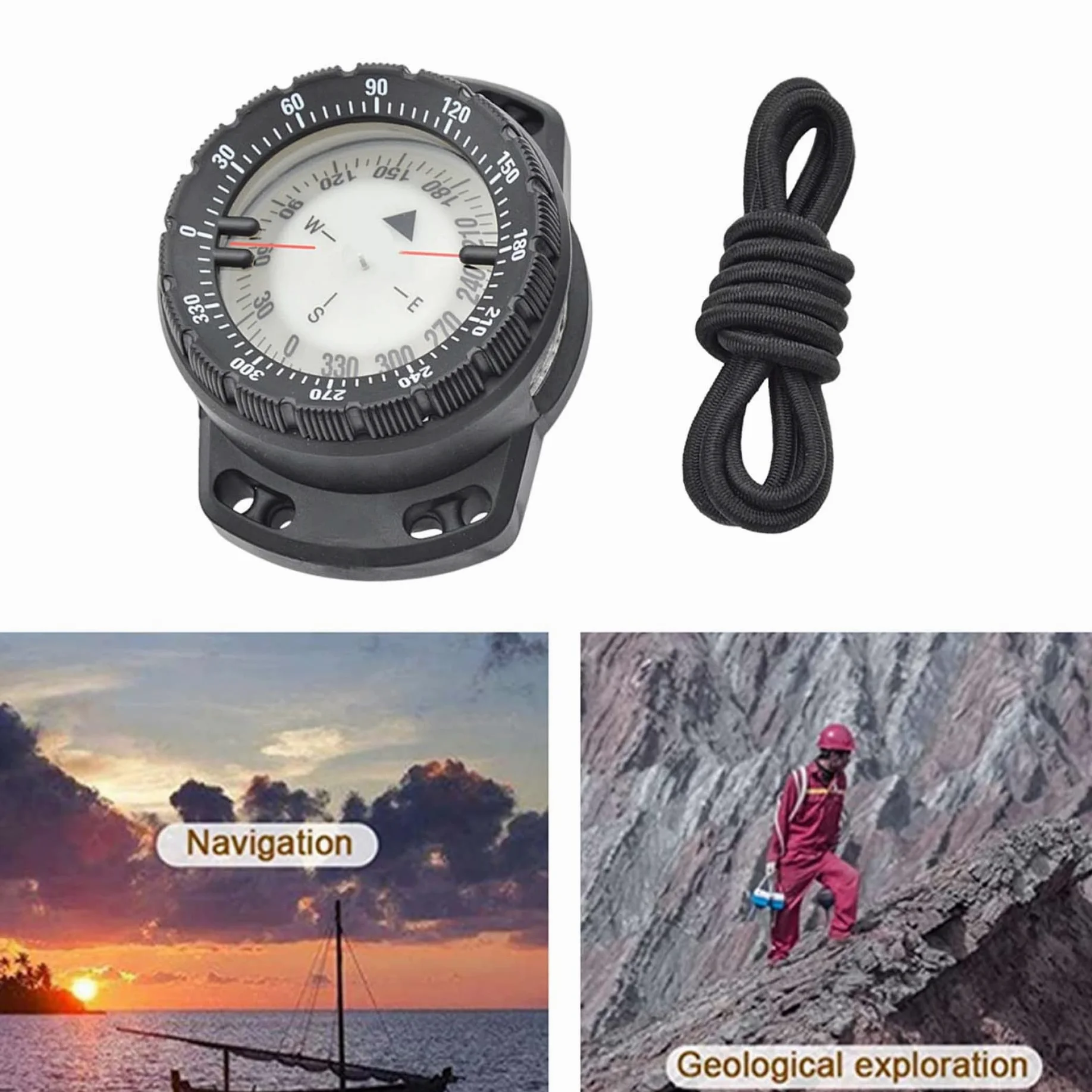 Brújula de buceo Surfing Luminoso bajo el agua Brújula de muñeca de 50 m Visión nocturna Brújula de navegación impermeable con pulsera elástica Brújula Correa de reloj Brújula Brújula de buceo Brújula