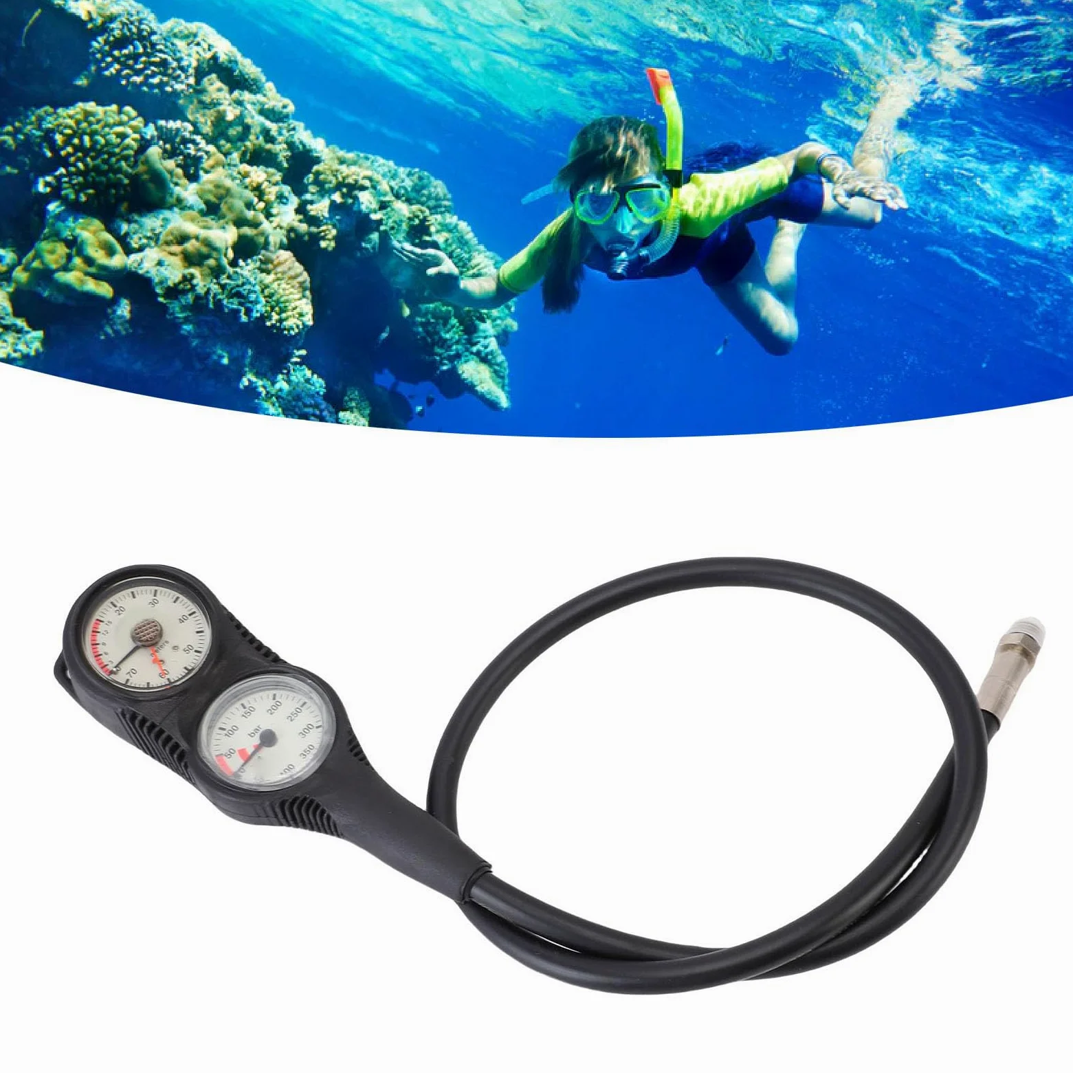 Probador de Profundidad de Presión de Buceo, Lecturas Precisas Portátiles para Entusiastas del Buceo, Material TPR, Marco Negro, Esfera Blanca para Buceadores