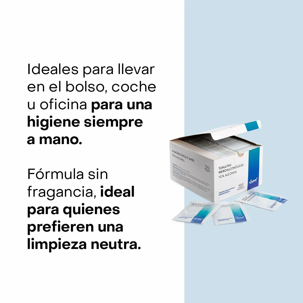 Toallitas Hidroalcohólicas Monodosis 70% Alcohol, 100 Unidades