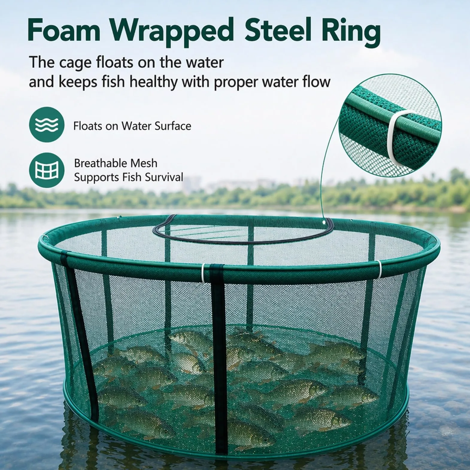 Jaulas de Red para acuicultura en estanques, Gran Resistencia | Flotantes y plegables, malla de 3 mm de grosor, ideales para la cría en estanques y la pesca deportiva