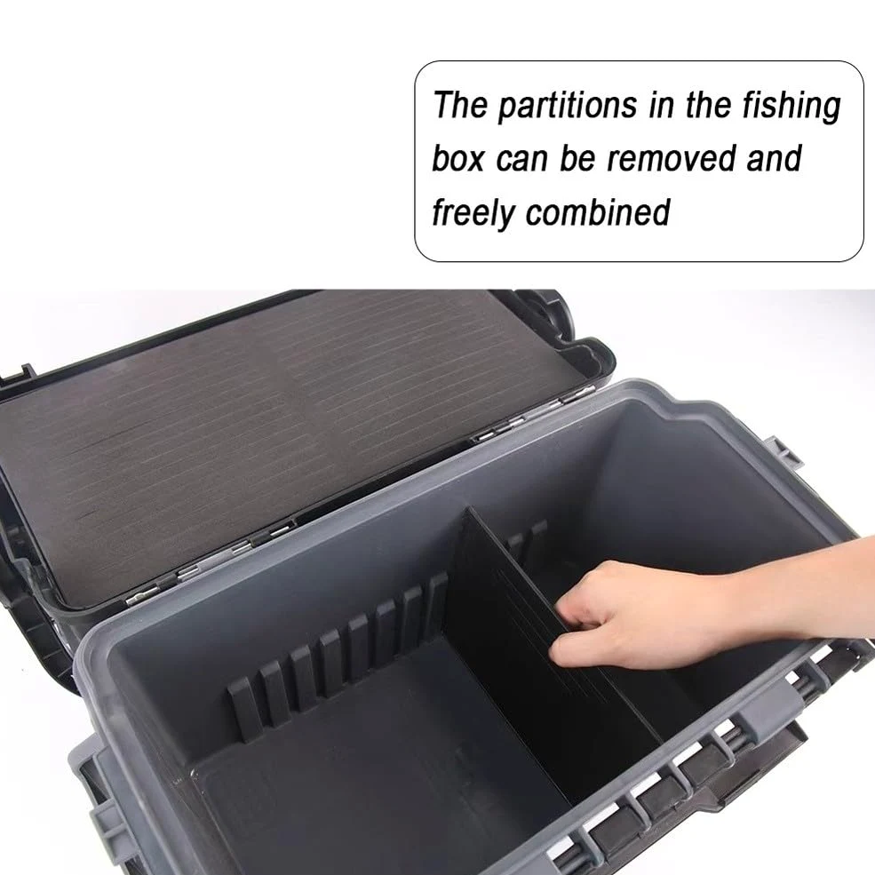 Caja de aparejos de pesca con asiento, almacenamiento multicapa de gran capacidad para señuelos y cebos, compartimentos ajustables, funda portátil para equipo de pesca en el mar con correa para el