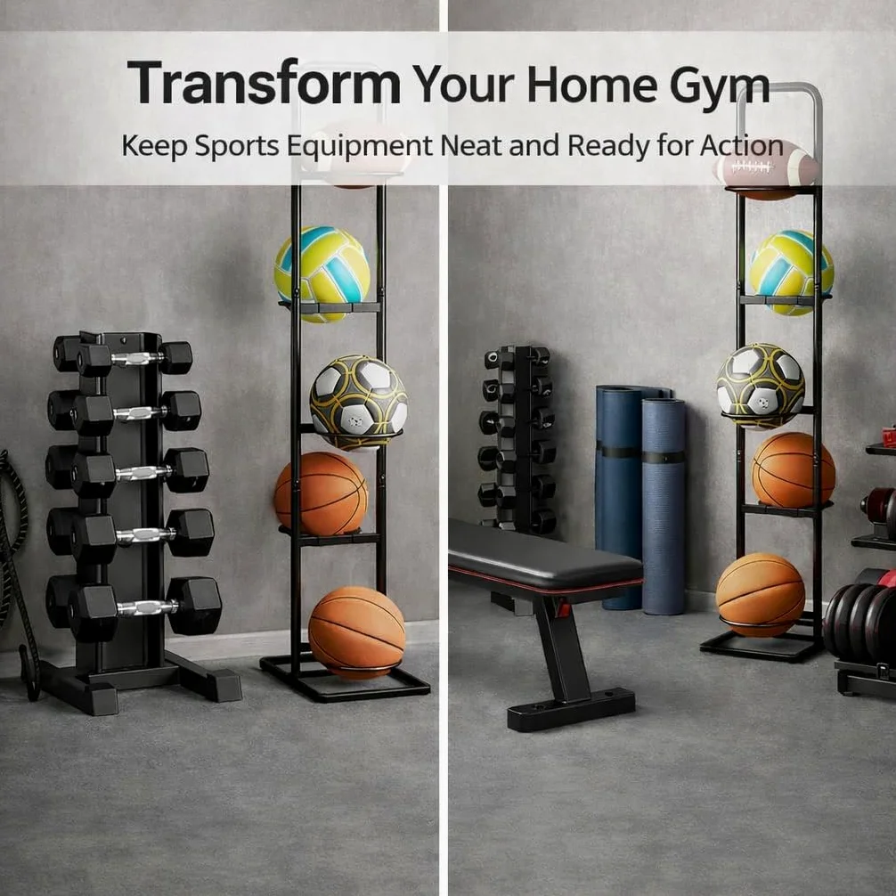 Soporte para Balones – Estante Vertical Universal de 5 Niveles en Acero al Carbono para Baloncesto, Fútbol, Rugby y Voleibol – Altura 144 cm, Negro