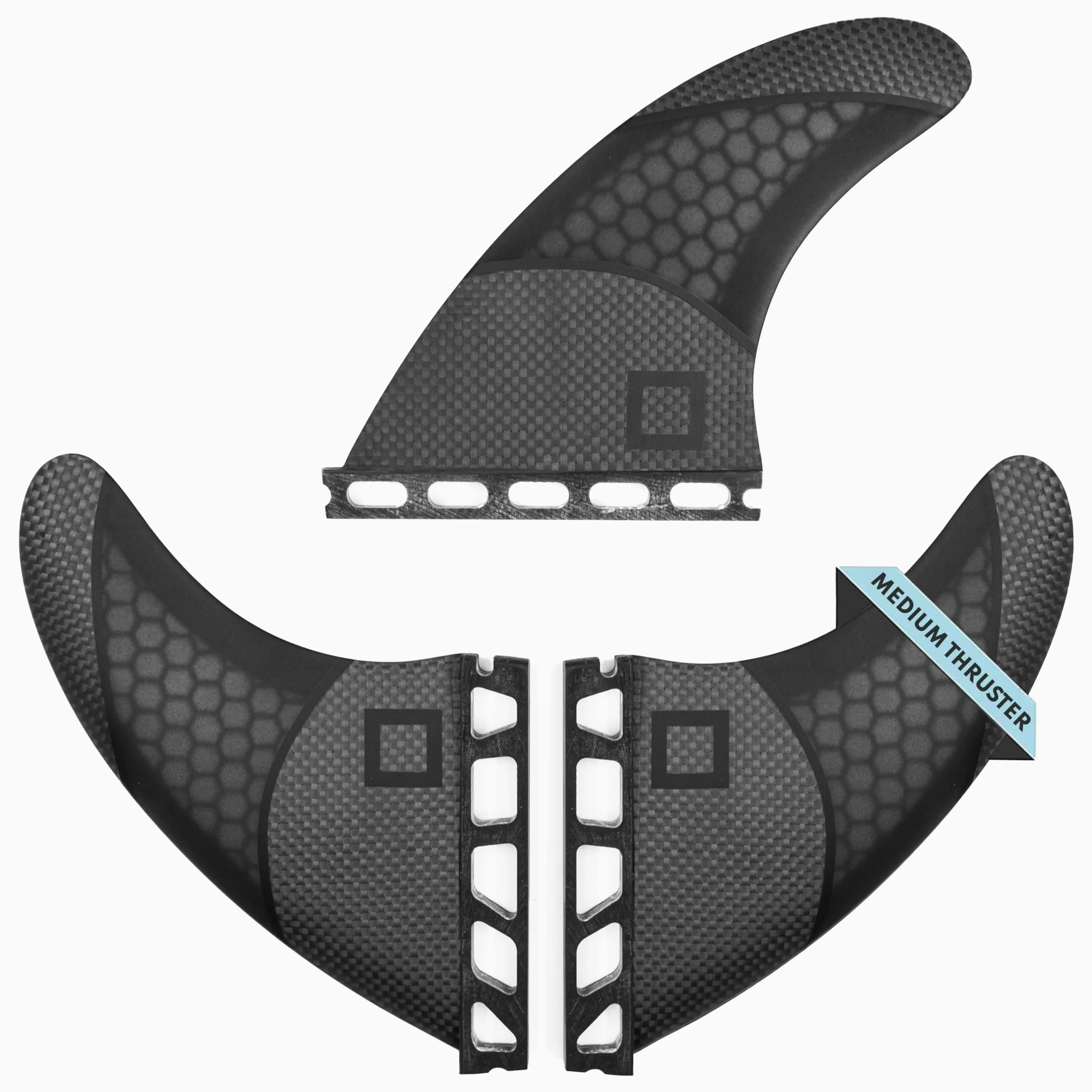 Juego de aletas de empuje mediano (3 aletas), panal con aletas de fibra de carbono para tabla de surf, compatible con tablas de surf Futures de una sola pestaña, monta como Twin o