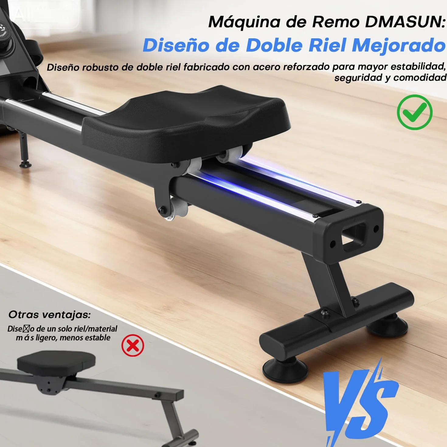 Máquina de Remo para Casa, 16/32 Niveles de Resistencia, Remo Magnético Silencioso con App Corriente Principal, Rieles Dobles Mejorados para Mayor Estabilidad + Negro + Azul