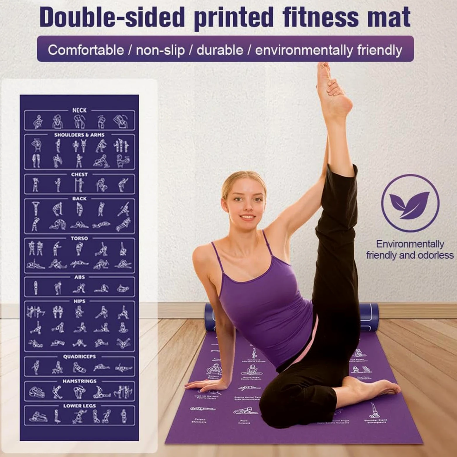 Esterilla Gruesa de Yoga Antidesgarro Suave con Posturas y Estiramientos | Esterilla de Yoga Antideslizante para Ejercicio para Hogar Viaje Gimnasio Estudio Pilates Fitness Aire Parque Infantil
