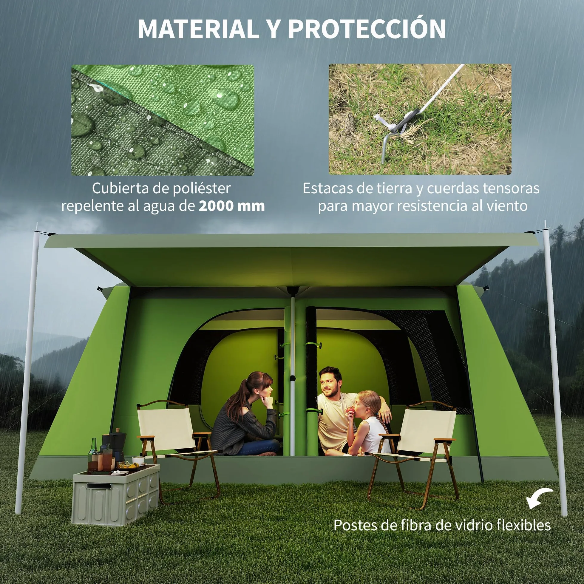 Outsunny Tienda de Campaña Familiar para 4-8 Personas Tienda de Camping Impermeable 2000 mm Tienda de Acampada con Mosquitera Gancho y Bolsa de Transporte Anti-UV 405x305x225 cm Verde