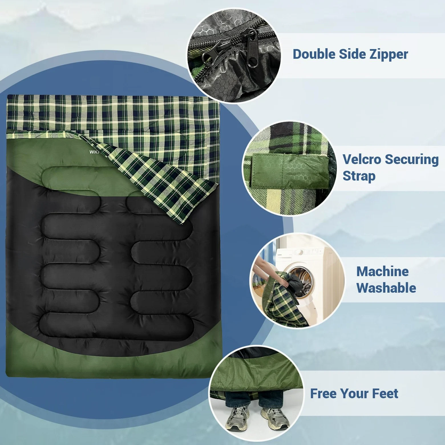 Saco de Dormir Doble de Franela de algodón 220 x 150 cm para Adultos 3-4 Estaciones Saco de Dormir Doble para Exteriores Mantente Caliente Impermeable para Camping Senderismo o Senderismo