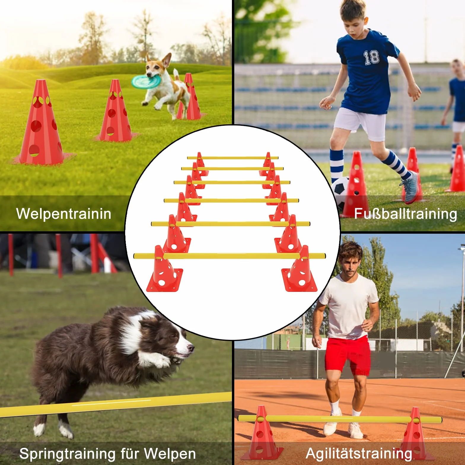 YRHome Juego de 6 tornillos de agilidad para entrenamiento de coordinación, accesorios de entrenamiento de agilidad, 12 conos multiusos y 6 barras de altura ajustable, combinaciones multifuncionales