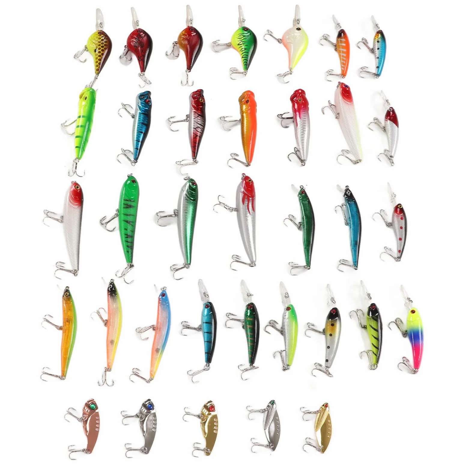 Cebo Artificial Duro, Kit 35 Piezas Señuelos Minnow Mezclados, Material Resistente, Aplicación Agua Dulce y Salada, Para Pesca en Barco, Lago, Río