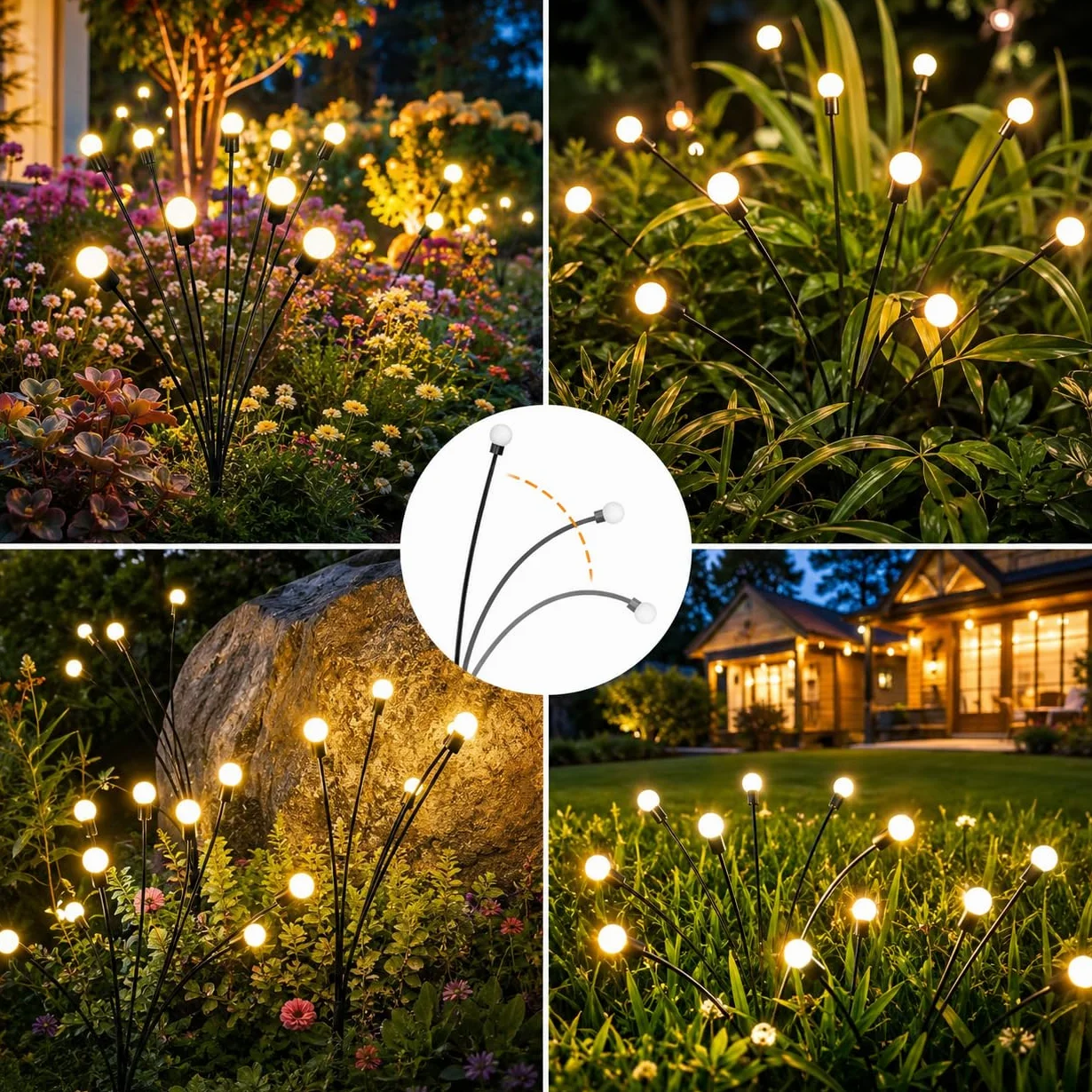 Luces Solares Luciérnaga Exterior 4 Piezas 10 LED Oscilantes IP65 Impermeables Jardín Patio Césped Balcón Blanco Cálido