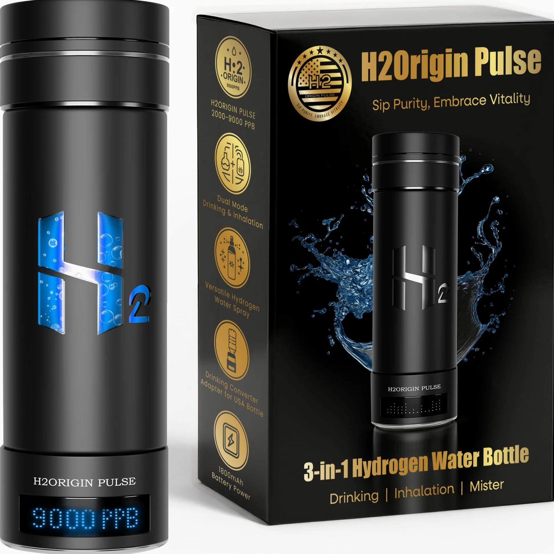 Botella de agua de hidrógeno – Generador de hidrógeno portátil 3 en 1 de 10.5 onzas, tecnología SPE/PEM de alta concentración, adaptador universal y spray de niebla refrescante