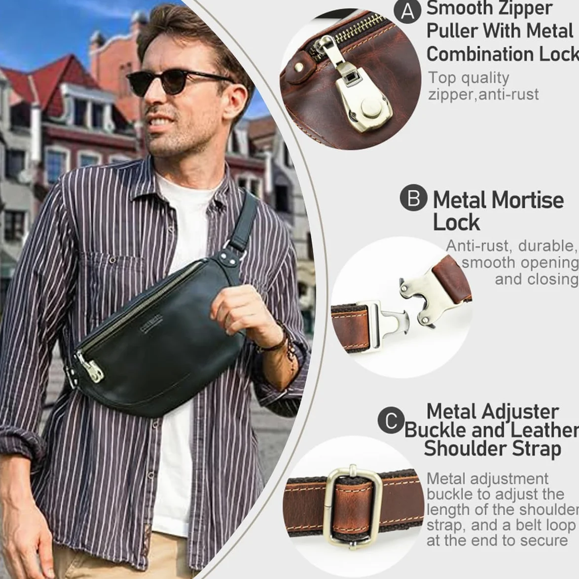 Hombre Bolsa de Pecho Bandolera de Cuero Genuino, Vintage Riñonera con Cinturón Ajustable y Cierre Antirrobo, Mochila Hombro Informal Bolsa de Cintura para Viajes Ciclismo Senderismo