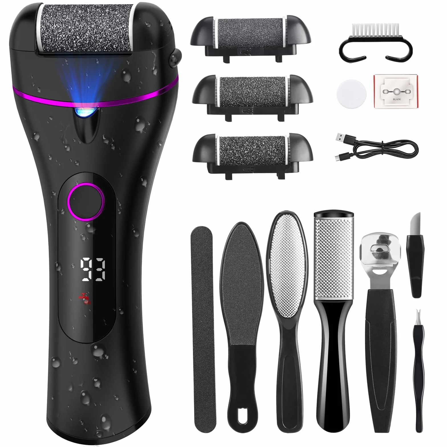 Lima Eléctrica Pies con 3 Rodillos y 17 Herramientas, 3 Velocidades, Profesional Foot File para Eliminar Durezas y Callos (Negro)