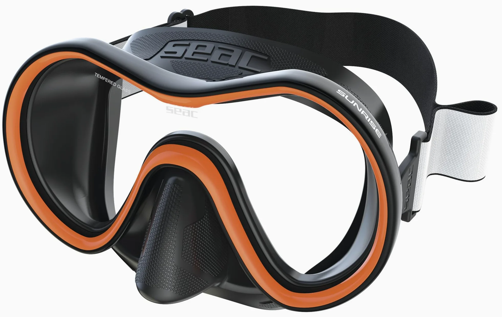 SEAC Sunrise máscara de Buceo y Snorkel de una Sola Cara de Vidrio Templado con Hebilla 3D, con Casco de Tela o Silicona, Unisex Adulto