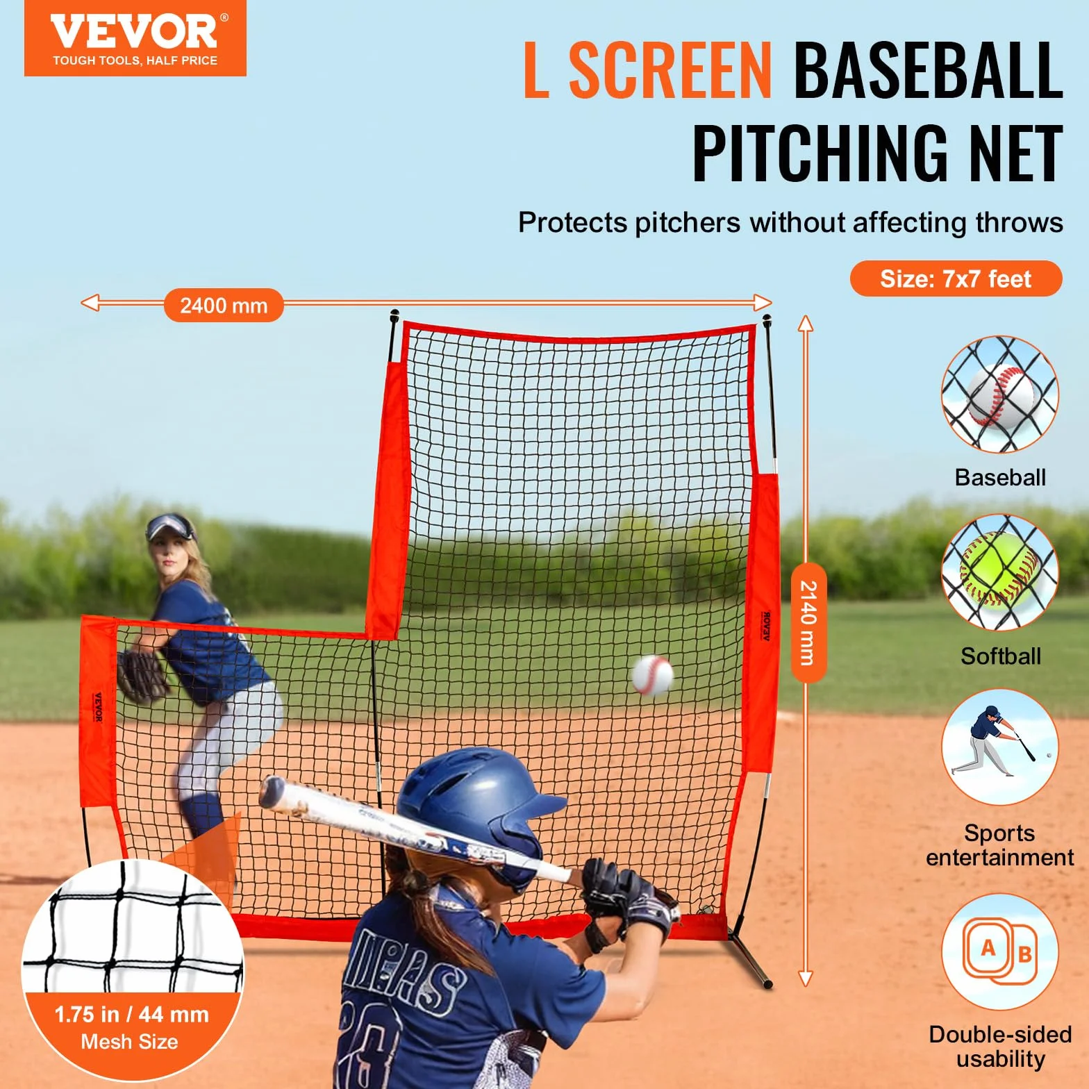 VEVOR Pantalla L de béisbol para jaula de bateo, 7 x 7 pies, portátil con bolsa y estacas