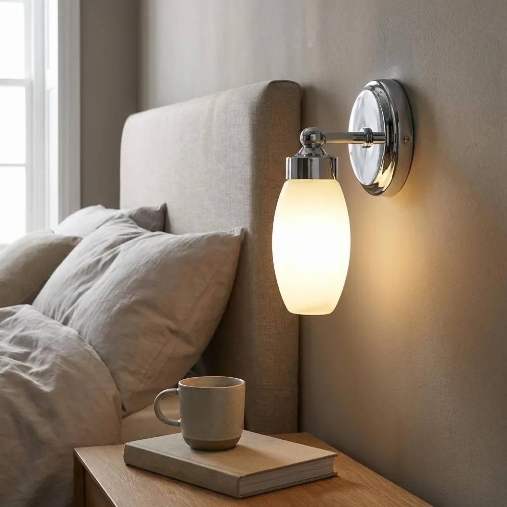 Alpinaluz Aplique de pared baño E14 base metálica cromada pantalla cristal blanca mate IP44