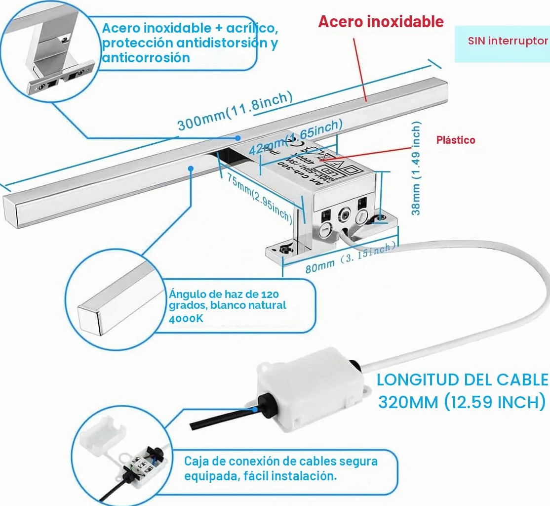 Lámpara de Espejo Baño LED 5W 30cm 400LM Blanco Neutro 4000K IP44 230V Aplique Pared