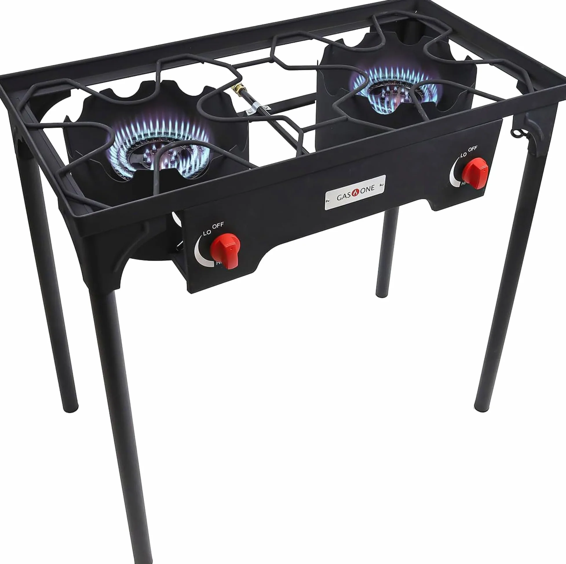 Gas One Estufa de propano doble quemador de dos quemadores, propano de alta presión, regulador PSI ajustable y manguera trenzada de acero de 4 pies con patas extraíbles