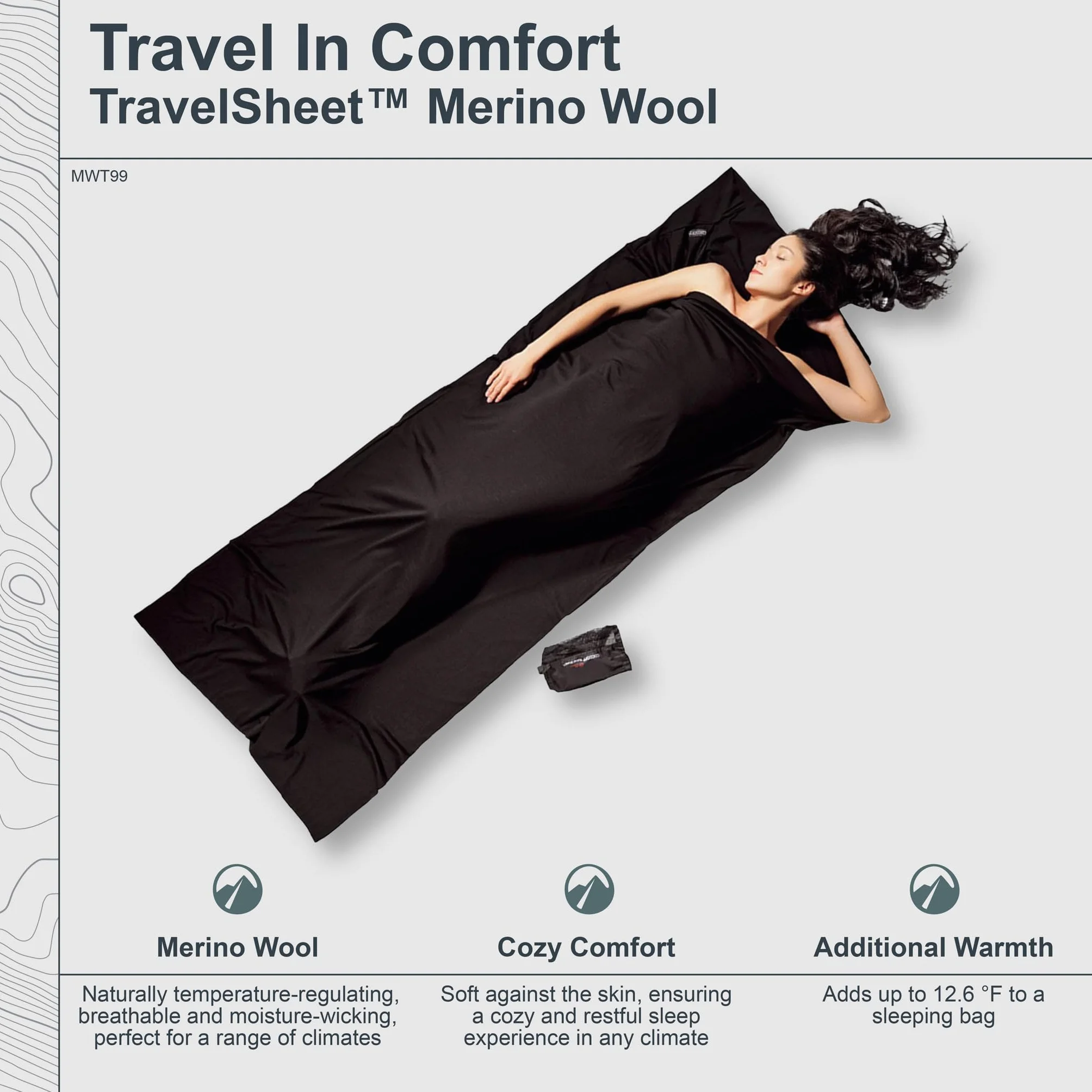 Cocoon Saco de Dormir Merino Travel Sheet – Lana Merino, Negro