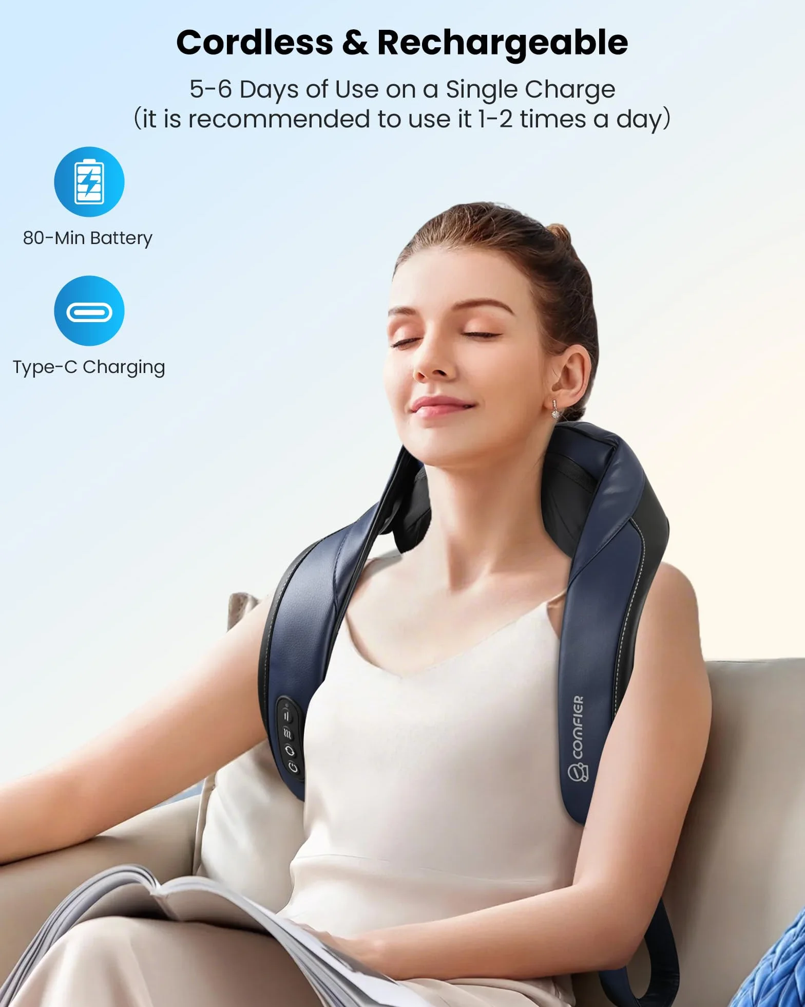 COMFIER Masajeador Cervical Shiatsu con Calor, Inalámbrico, Calentamiento Grafeno, Cojín Masaje 4D Amasamiento, Regalo
