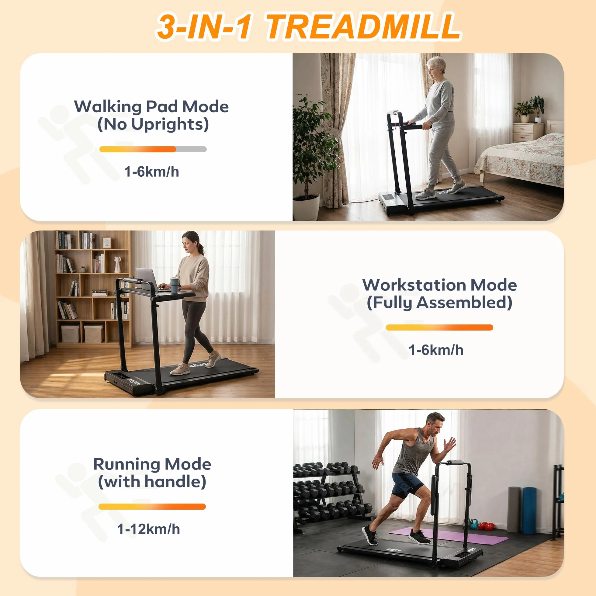 Walking Pad 3 en 1 con 7% Inclinación, Cinta Plegable Bajo Escritorio 1–12 km/h para Oficina en Casa, Manillar Ajustable y Mesa Extraíble, Motor Silencioso 2,5 HP