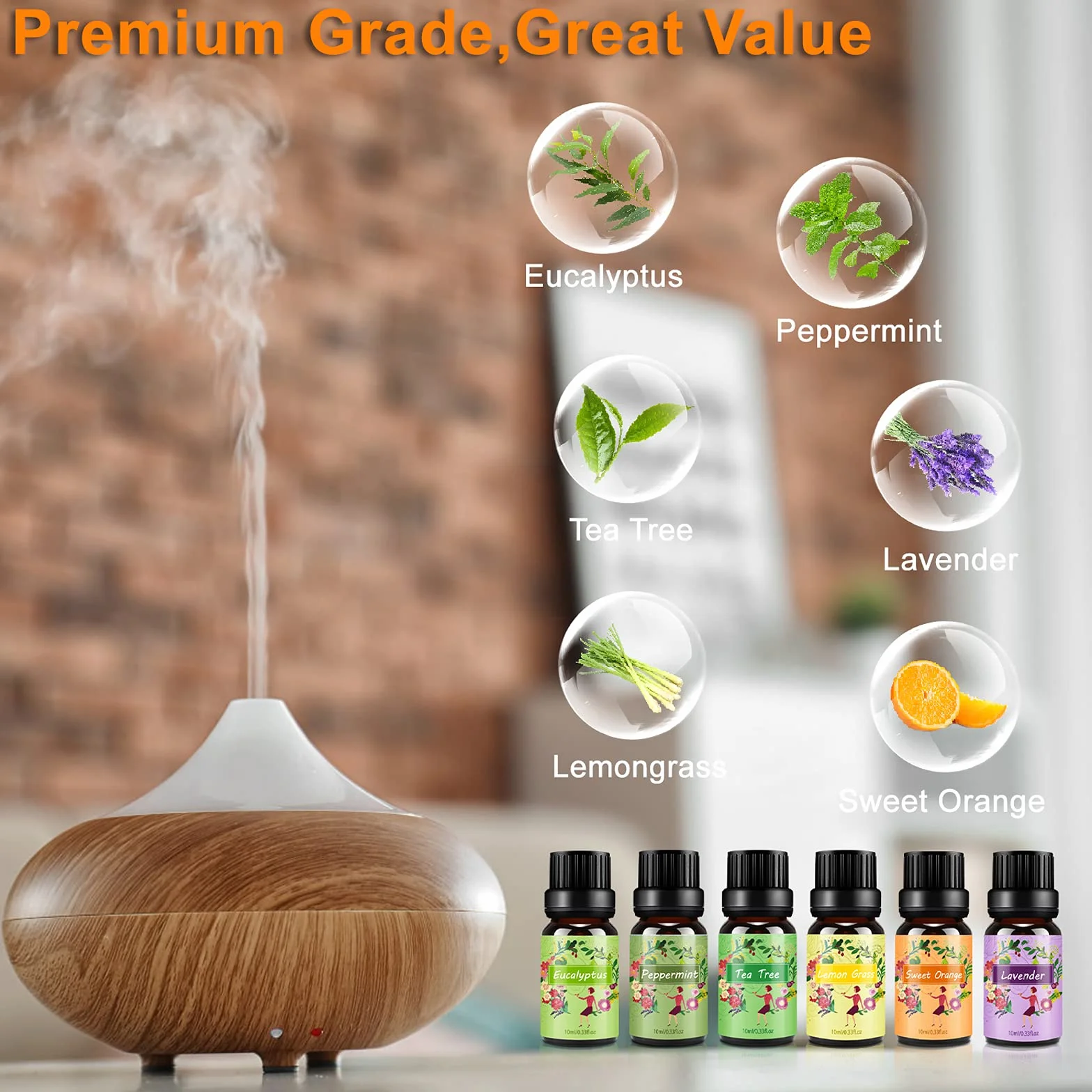 Set de Aceites Esenciales 100% Natural para Difusor, 6 x 10 ml, Aromaterapia