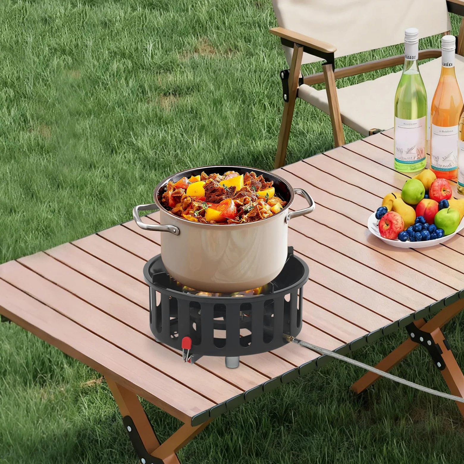 Hornillo de camping, estufa de gas portátil, 21000 W, camping Stove portátil, acero aluminio cobre, 7 quemadores antiviento, encendido electrónico,2 adaptadores,camping senderismo picnic