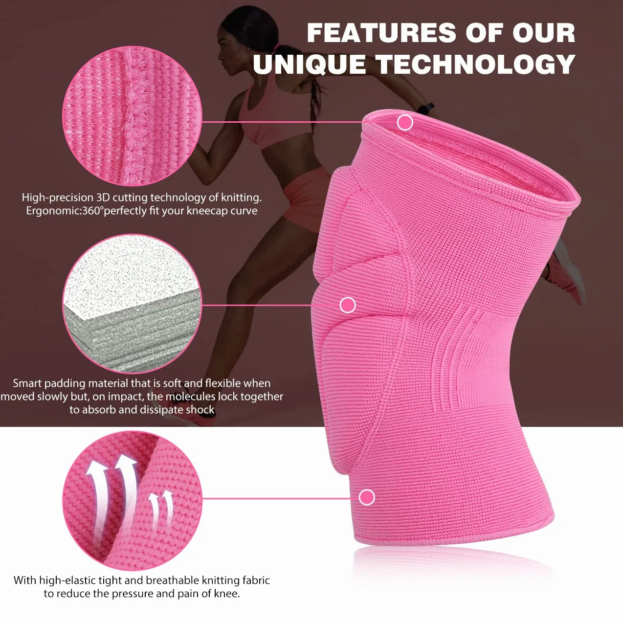 Rodilleras de voleibol rosa, protector de rodilla para niñas y mujeres con almohadillas de alta protección, rodilleras de grado profesional para correr, tenis, yoga, ciclismo, gimnasio