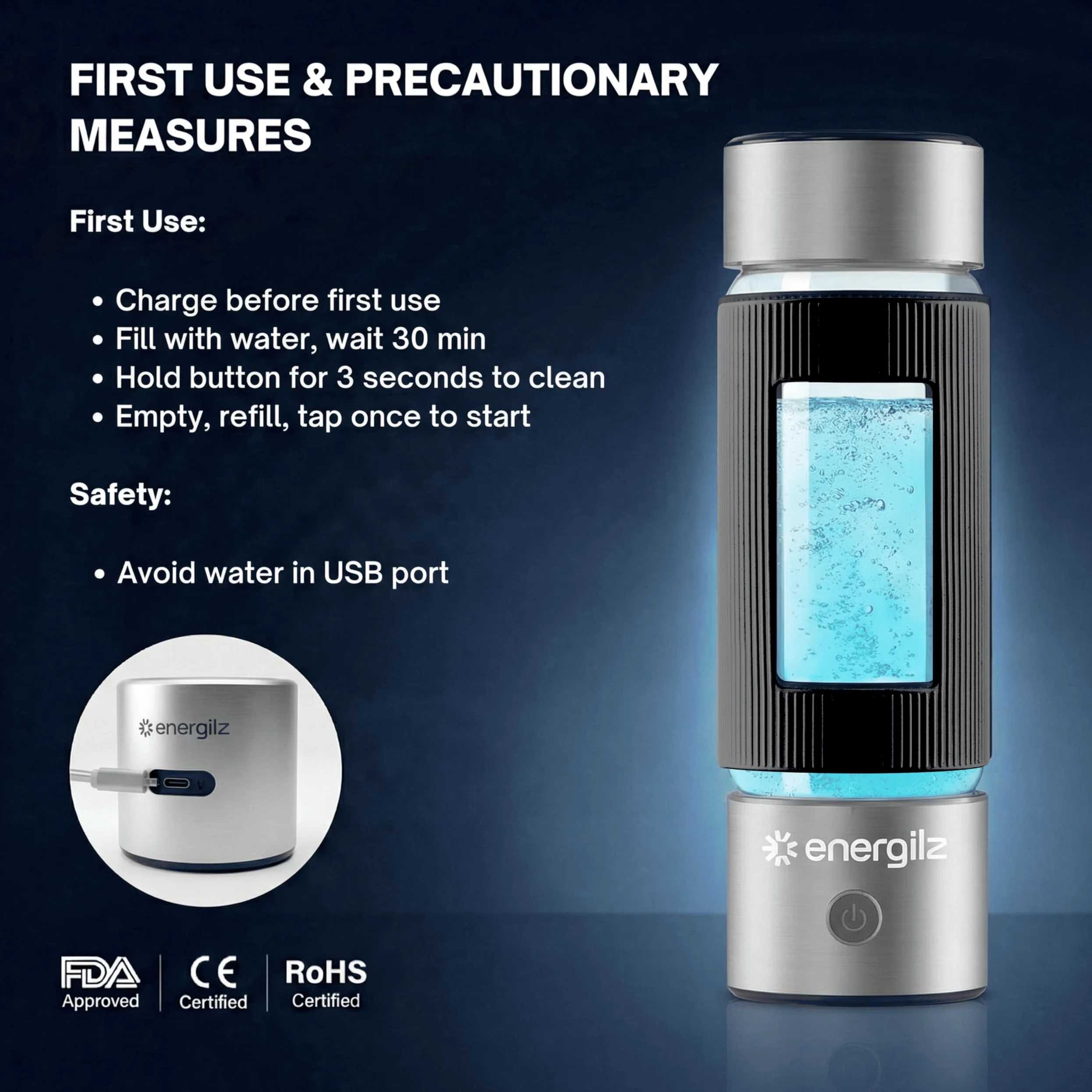 Botella de agua de hidrógeno | Generador de botella de agua de hidrógeno grande de 480 ml, 3000 ppb, máquina de hidrogenación, generador ionizador hidrogenado SPE/PEM (acero con negro)