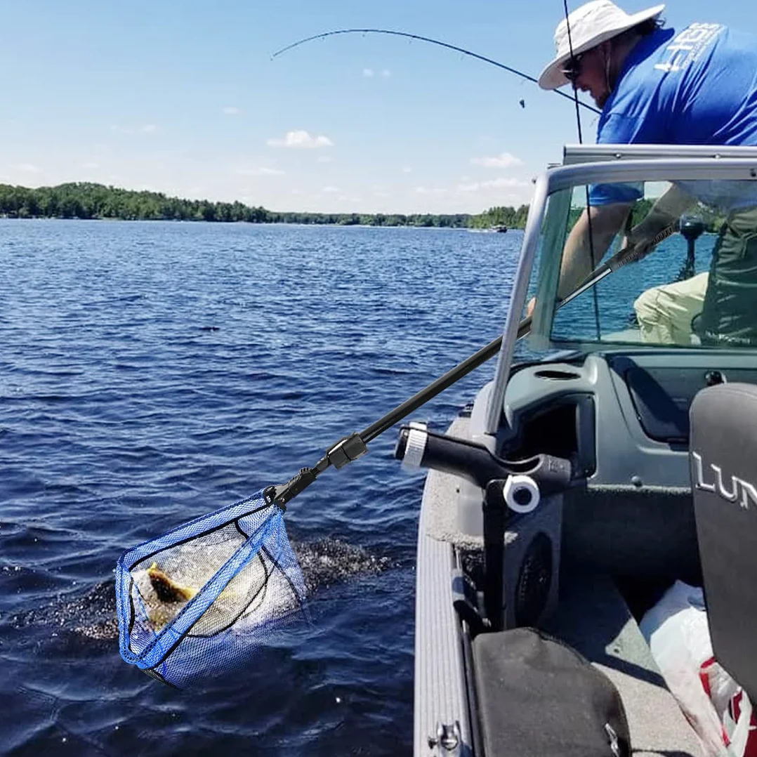 KOMCLUB Red de Pesca Plegable Telescópica 250cm, Red de Nailon Duradera, Redes Recubiertas de Goma, Sacaderas de Pesca Accesorios de Ppesca para Adultos, Azul