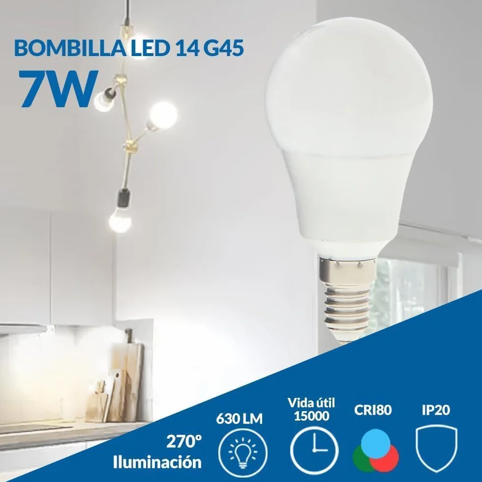 Bombilla LED E14 G45 7W 4000K 630 Lumen IP20 200° LM7607