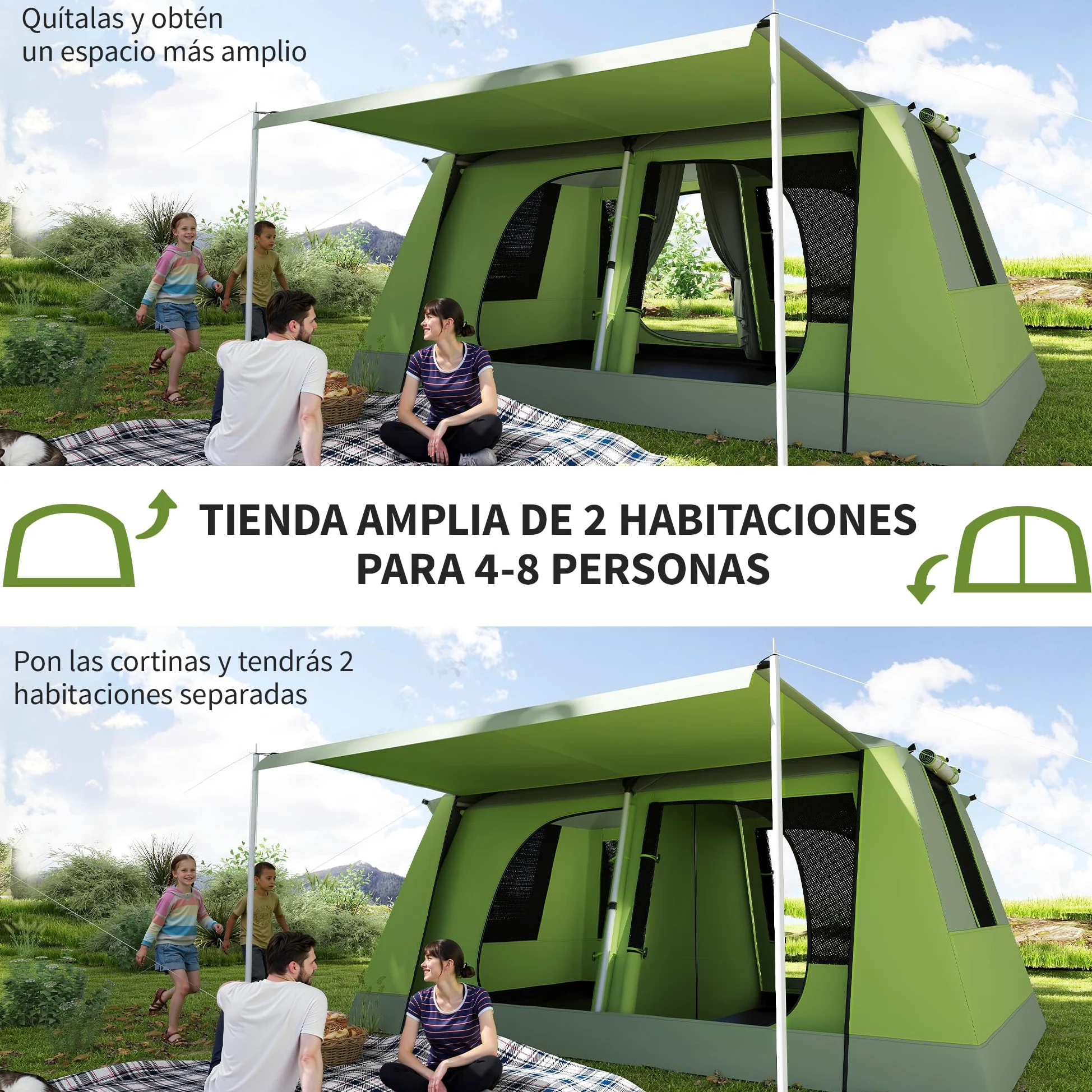 Outsunny Tienda de Campaña Familiar para 4-8 Personas Tienda de Camping Impermeable 2000 mm Tienda de Acampada con Mosquitera Gancho y Bolsa de Transporte Anti-UV 405x305x225 cm Verde