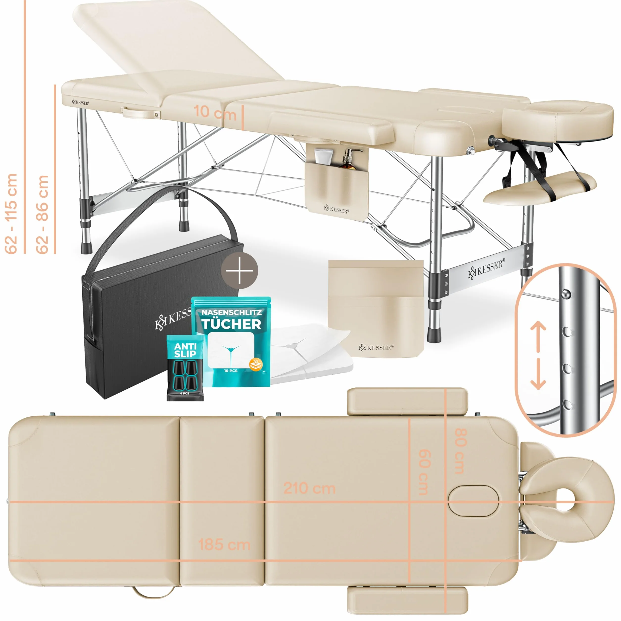 KESSER Camilla de Masaje Plegable Ajustable en Altura 3 Zonas Aluminio + Reposacabezas