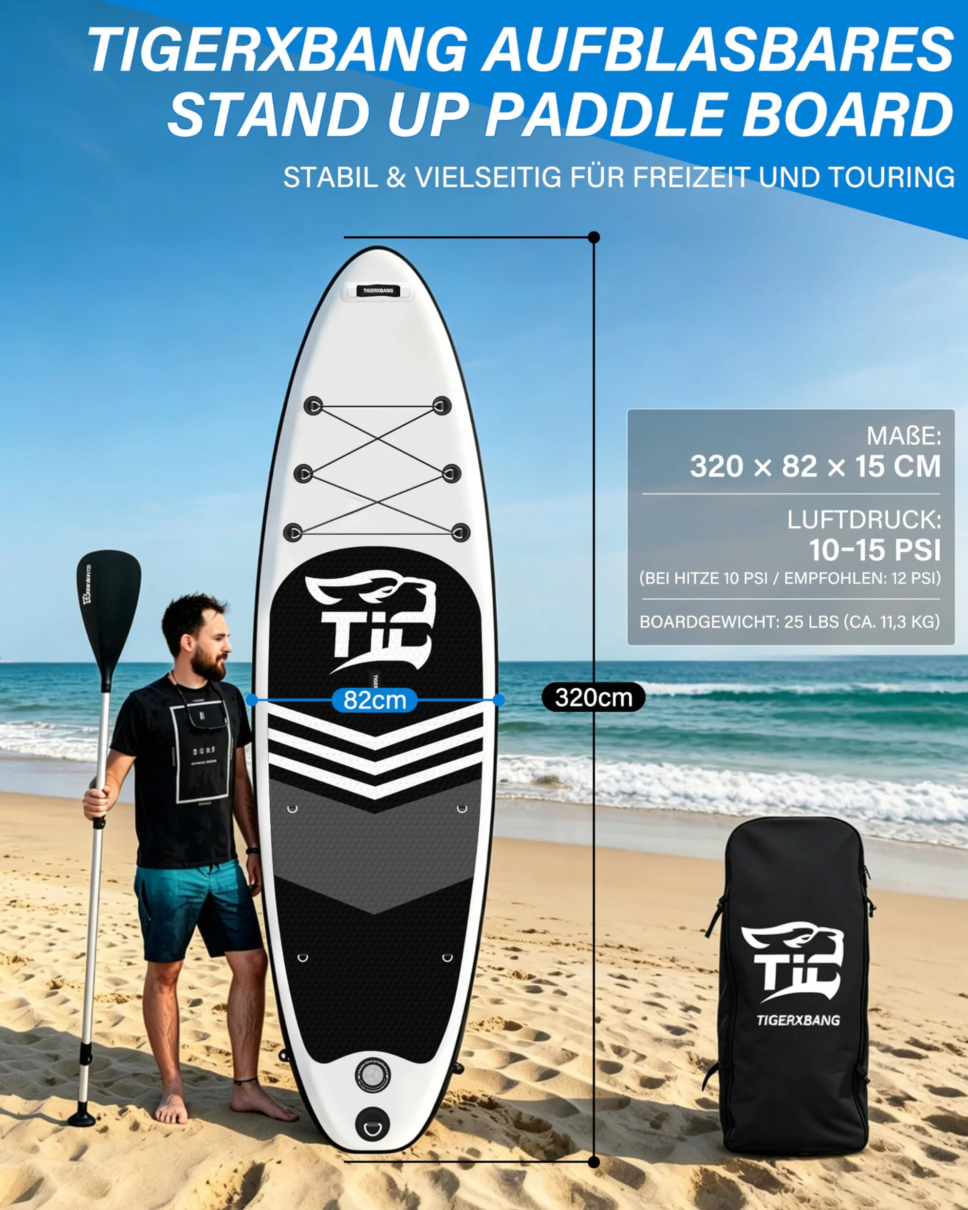TIGERXBANG Tabla hinchable de surf de remo de 320 x 82 x 15 cm, Black Tiger Collection SUP con asiento de kayak, doble remo y accesorios, juego completo para adultos y niños