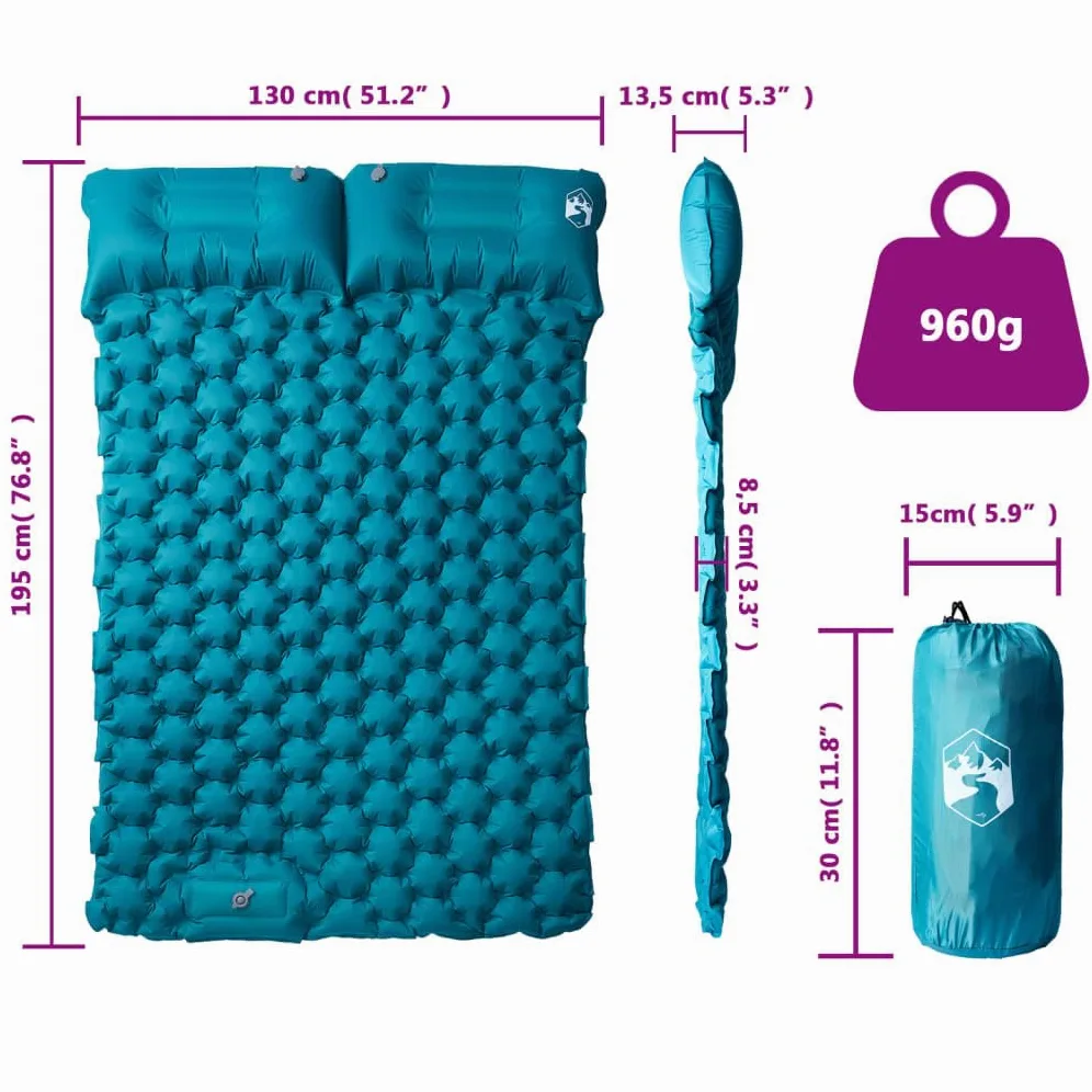 Colchoneta doble con cojín autoinflable azul para senderismo, playa, viaje, tienda de campaña