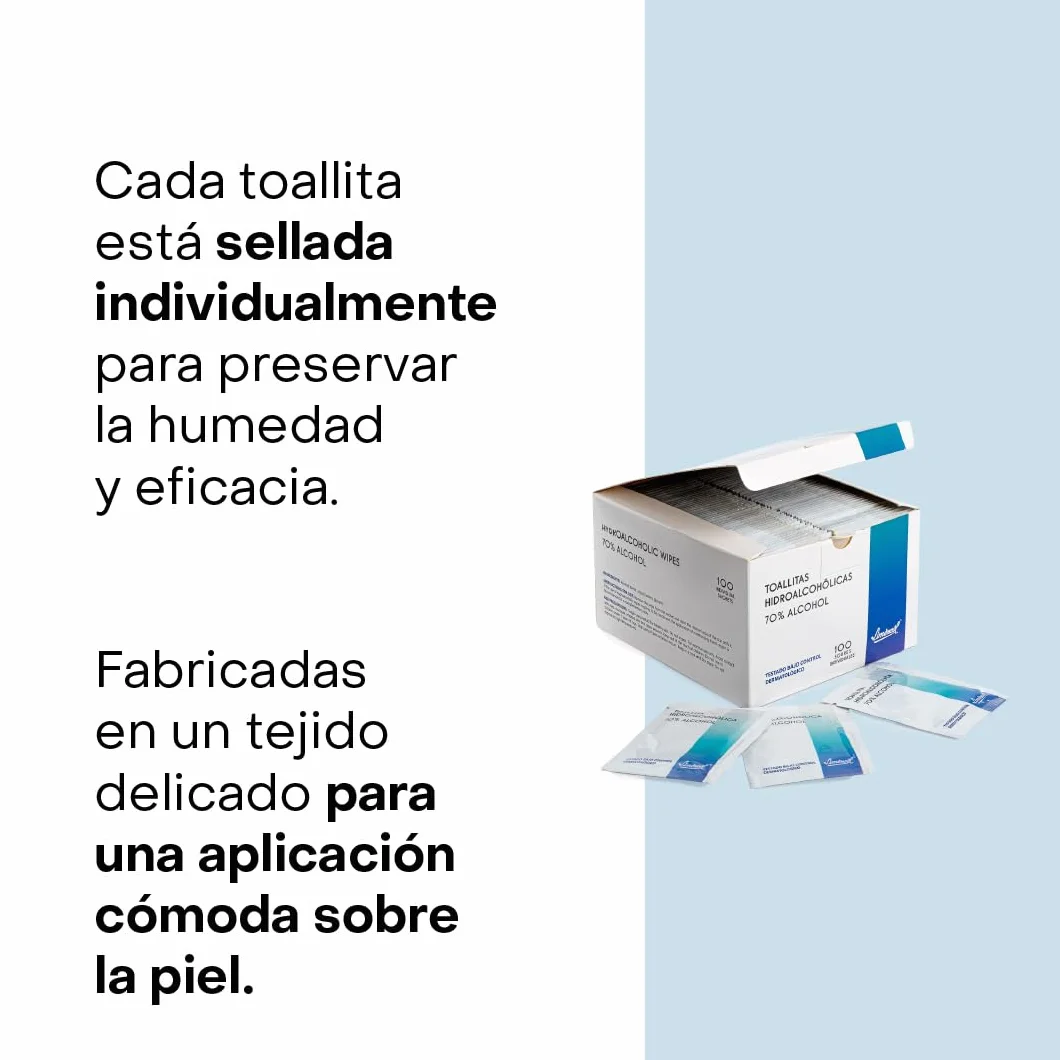 Toallitas Hidroalcohólicas Monodosis 70% Alcohol, 100 Unidades