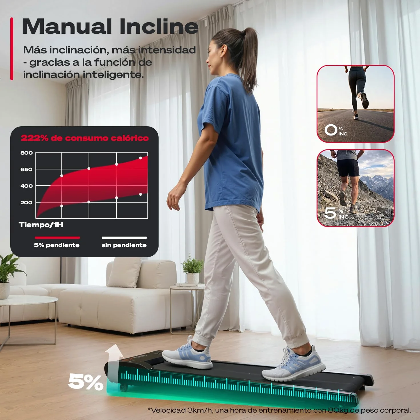 Sportstech Walking Pad hasta 6 km/h – Inclinación Manual hasta el 5 %, Control Remoto y por App, Pantalla LCD, podómetro, Ligero y Compacto, Ruedas de Transporte, WalkMate hasta 120 kg